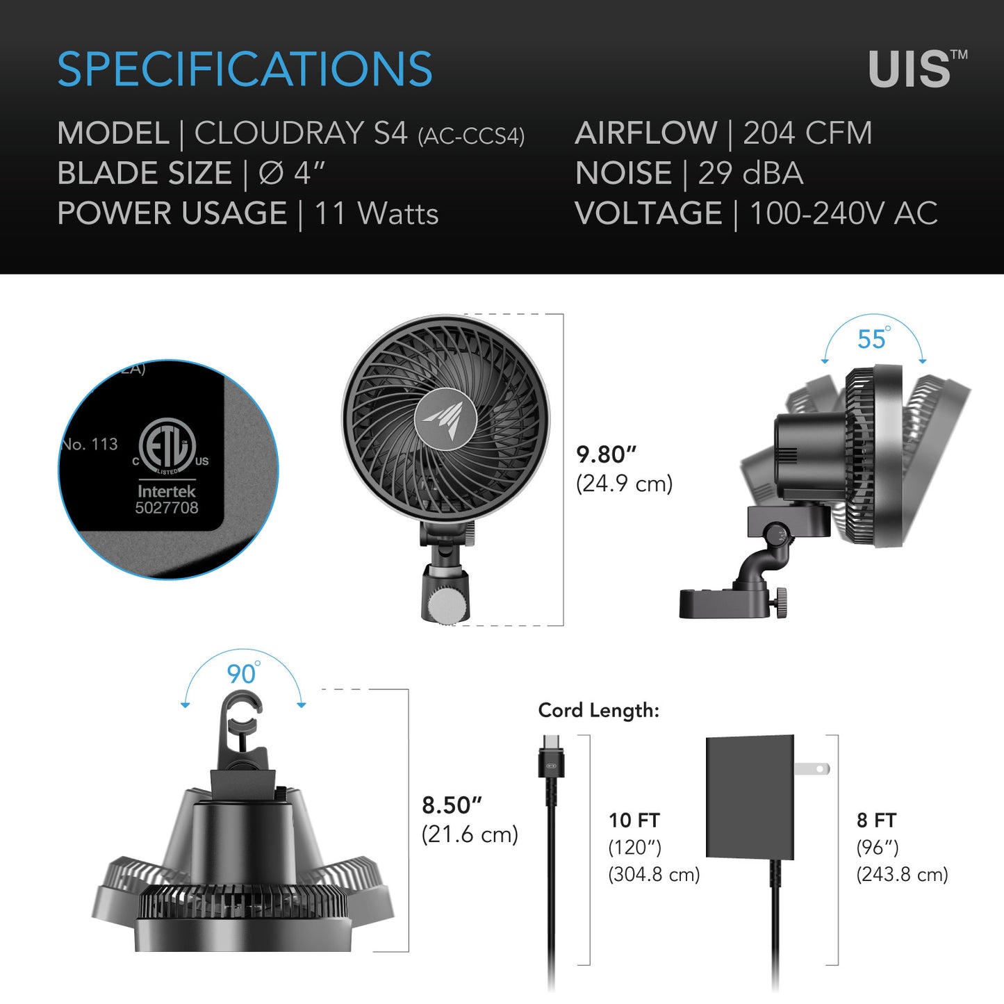 AC Infinity CLOUDRAY S4, Grow Tent Clip Fan 4" with 10 Speeds and Dynamic Wind AC-CCS4