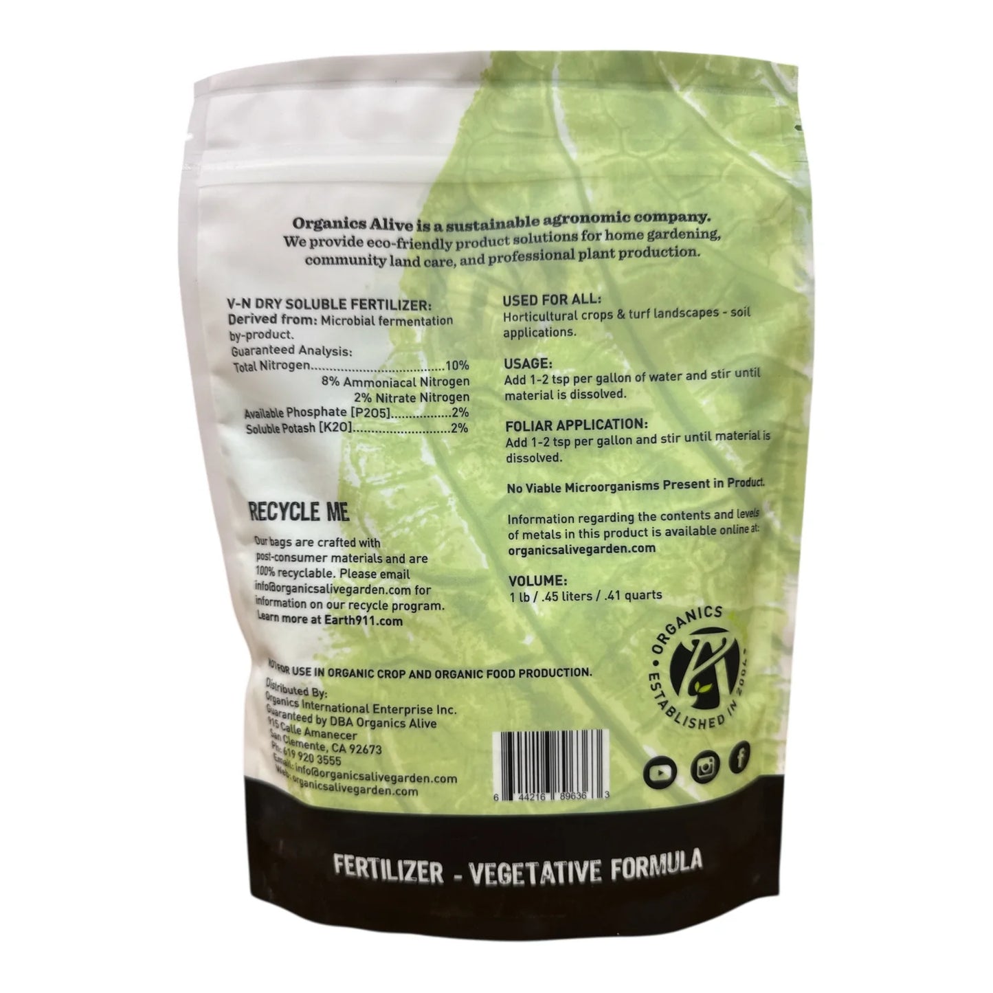 Organics Alive V-N 10-2-2 Dry Soluble Vegetative Formula - (1lb)