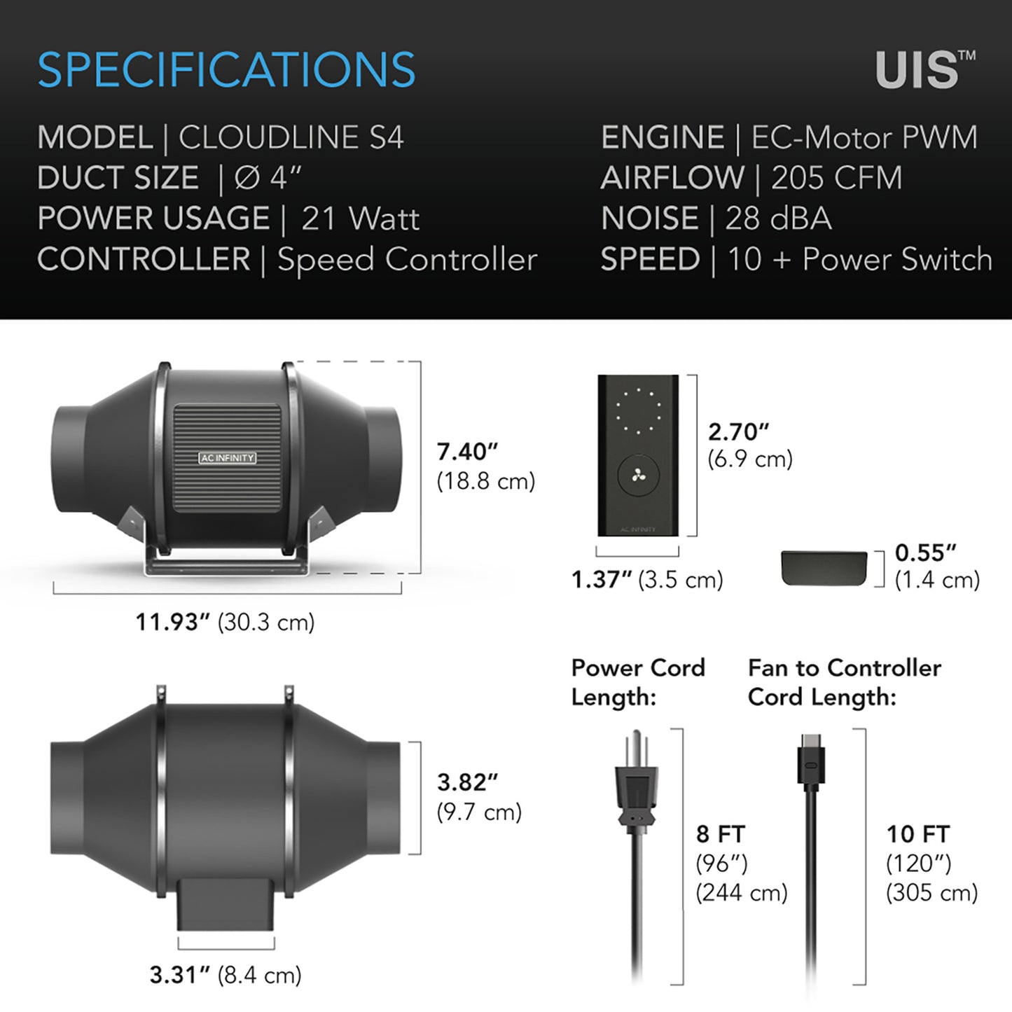 AC Infinity CLOUDLINE S4, Quiet Inline Fan 4" with Speed Controller AI-CLS4