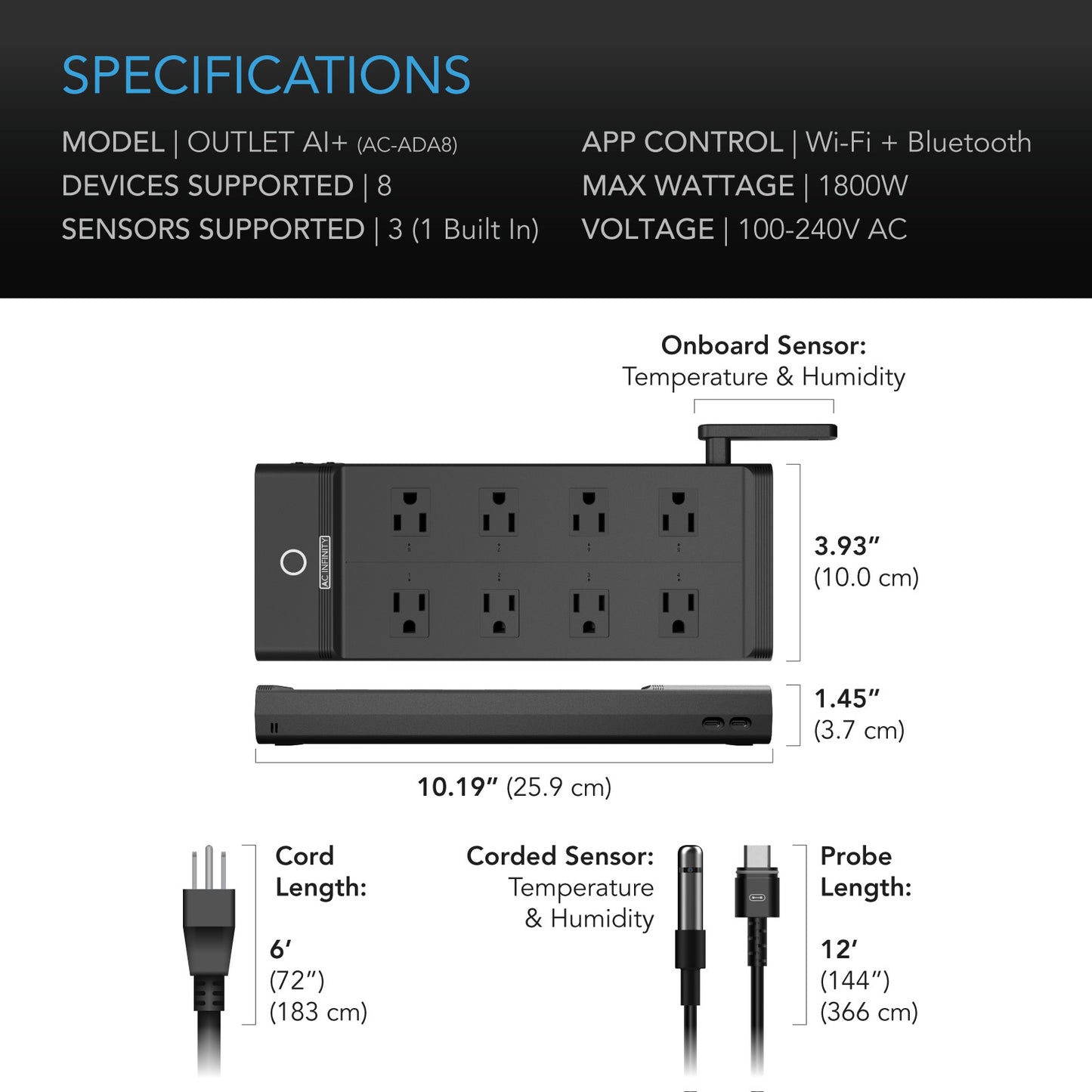 AC Infinity OUTLET AI+, Environment Controller 8-Outlet, with Temp Humidity VPD Sensor AC-ADA8