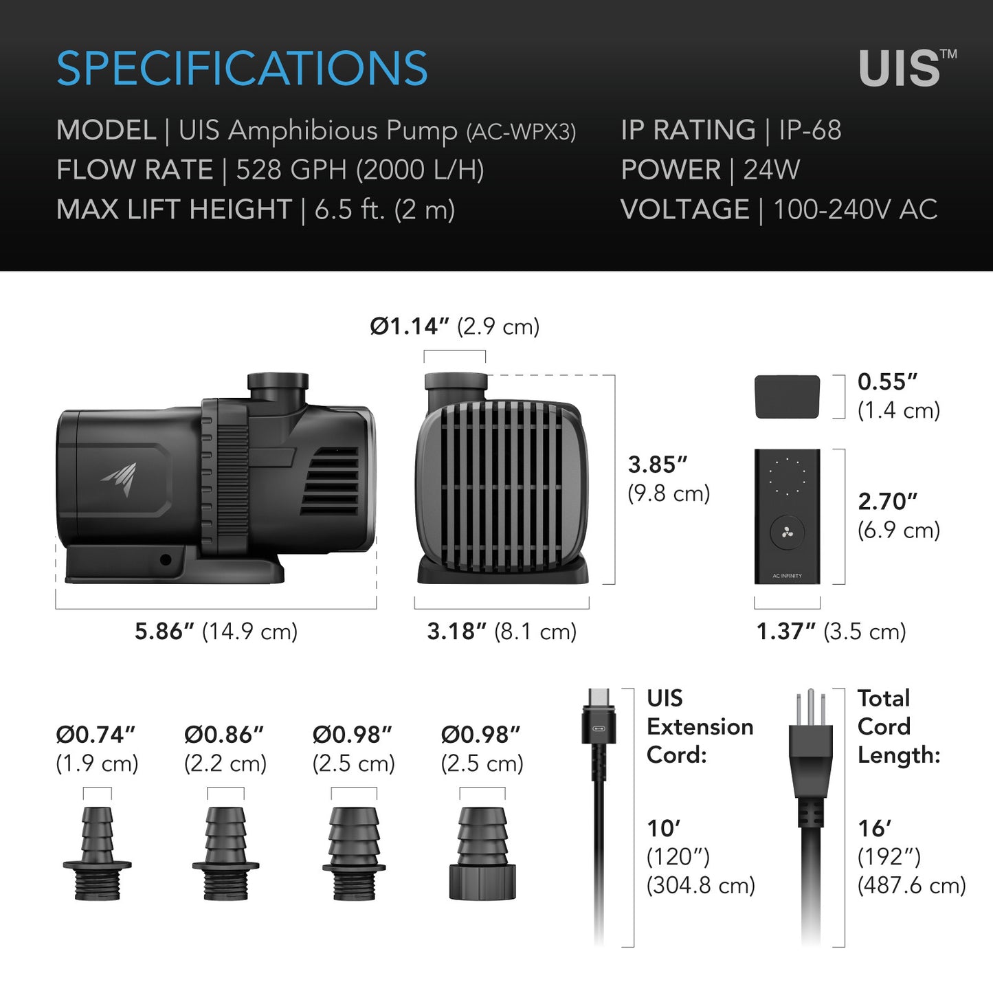 AC Infinity UIS Amphibious Pump, 528 GPH (2000 L/H) with 10-Speed Controller AC-WPX3