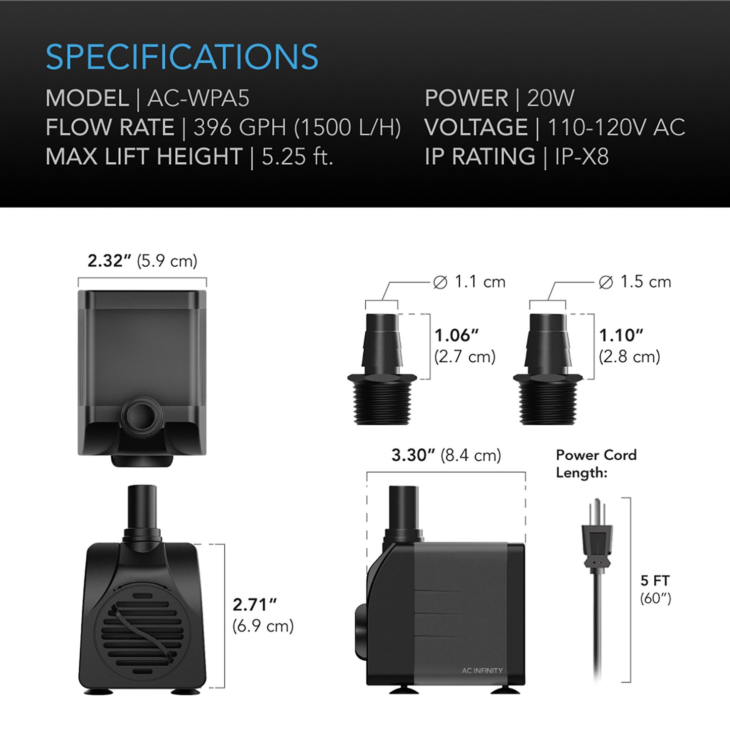 AC Infinity Submersible Water Pump, 5-Feet Lift Height, 396 GPH (1500 L/H) AC-WPA7