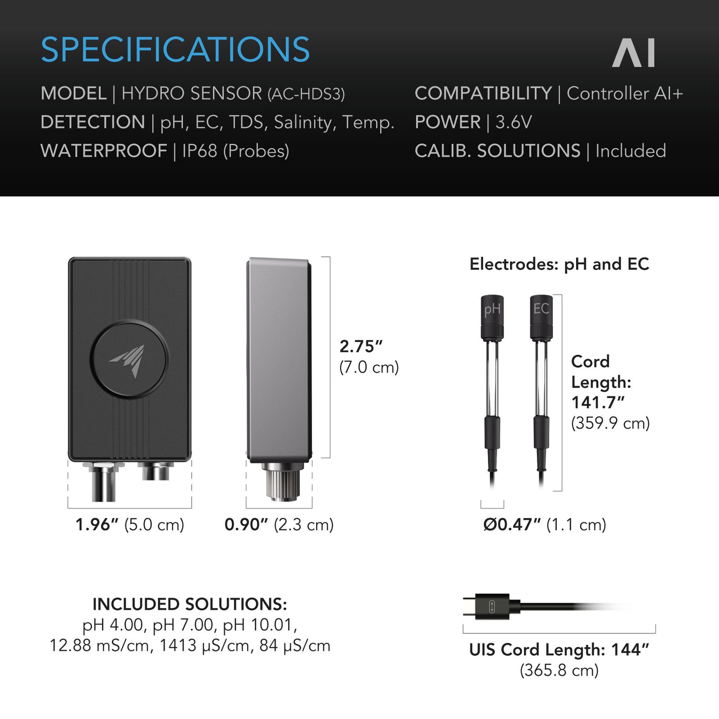 AC Infinity AI Hydro Sensor, for pH, EC, TDS and Water Temp Data Tracking AC-HDS3