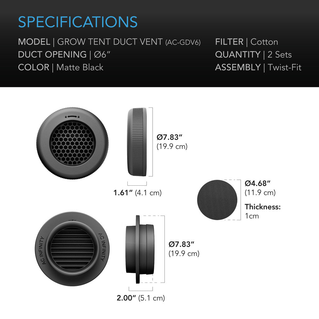 AC Infinity Grow Tent Duct Vent Attachment 6" 2-Pack, Light-Blocking & Dust-Resistant AC-GDV6