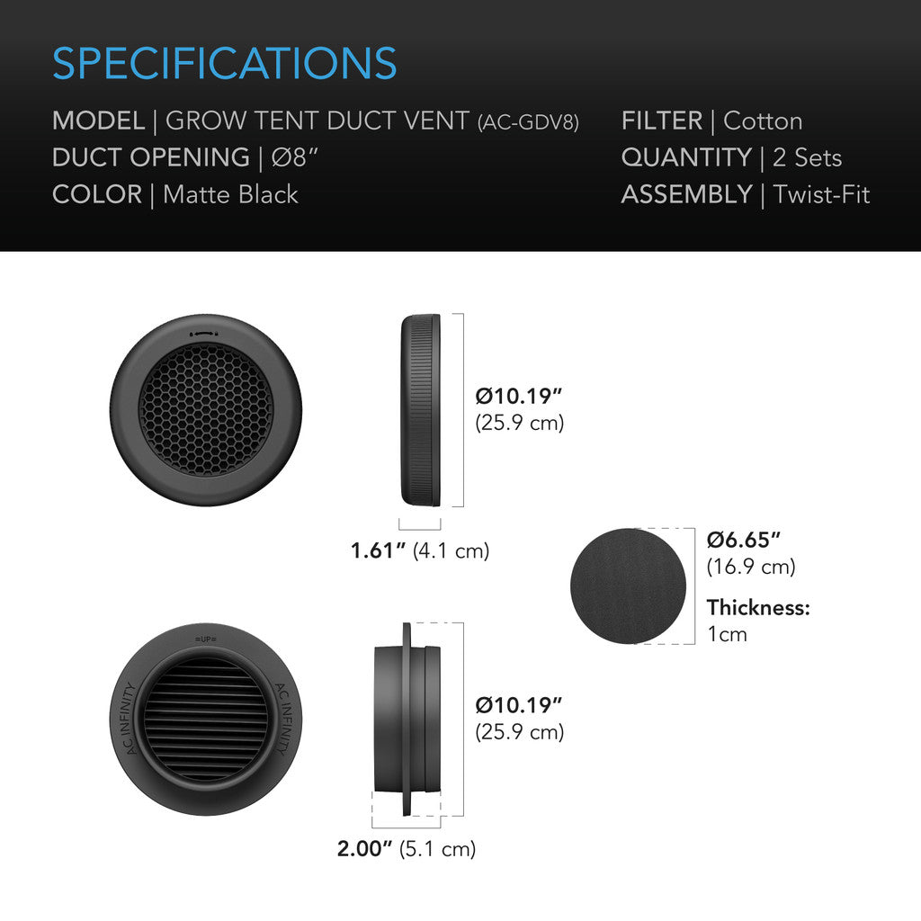 AC Infinity Grow Tent Duct Vent Attachment 8" 2-Pack, Light-Blocking & Dust-Resistant AC-GDV8