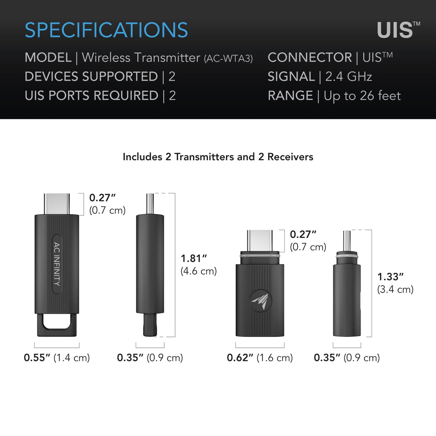 Ac Infinity UIS 1-to-1 Wireless Transmitter & Receiver, for UIS Devices and Controllers AC-WTA3